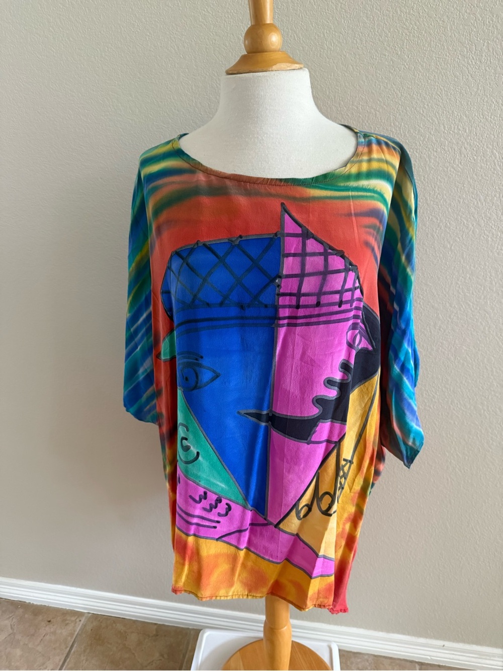 Dilemma Art to Wear Blouse Abstract Lagenlook Colorful Picasso Asymmetric Hem